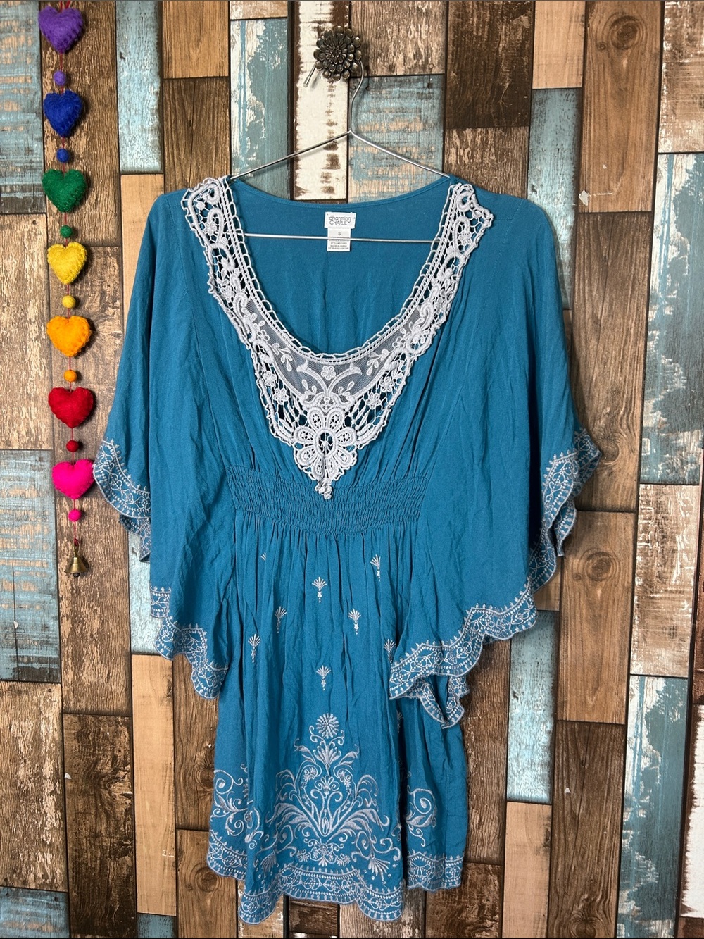 Charming Charlie Teal Rayon Top with gray Trim